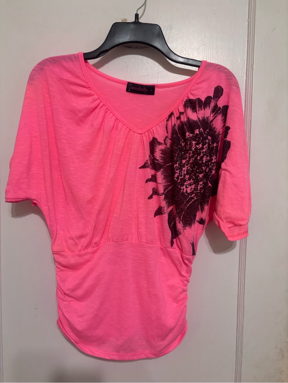 Annabelle Neon Pink Floral V-Neck Short Sleeve Top